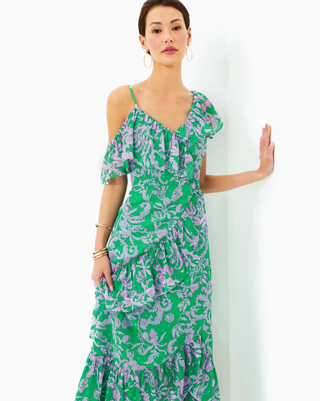 Rosalynn Ruffle Maxi Dress in Brazilian Green Salty Sandbar