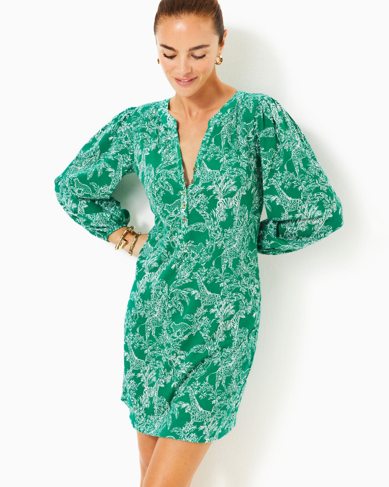 Emery Dress In Fiddle Leaf Green Safari Party