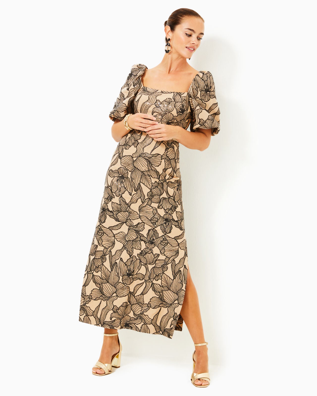 Linora Maxi Dress In Wicker Tan Embroidered Sequin Exploded Flora