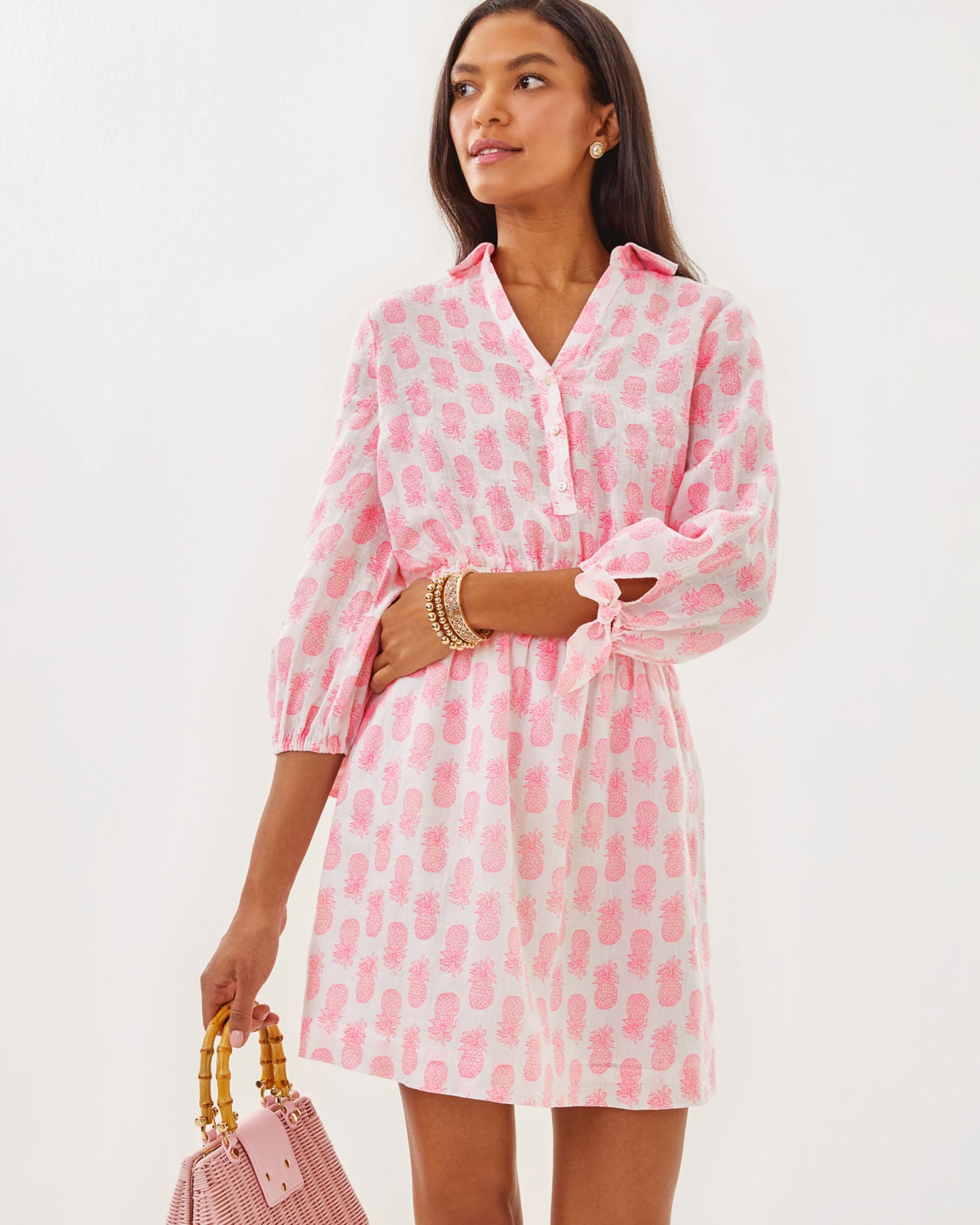 Abralynn Long Sleeve Linen Dress in Rousseau Pink Slice of Sunshine