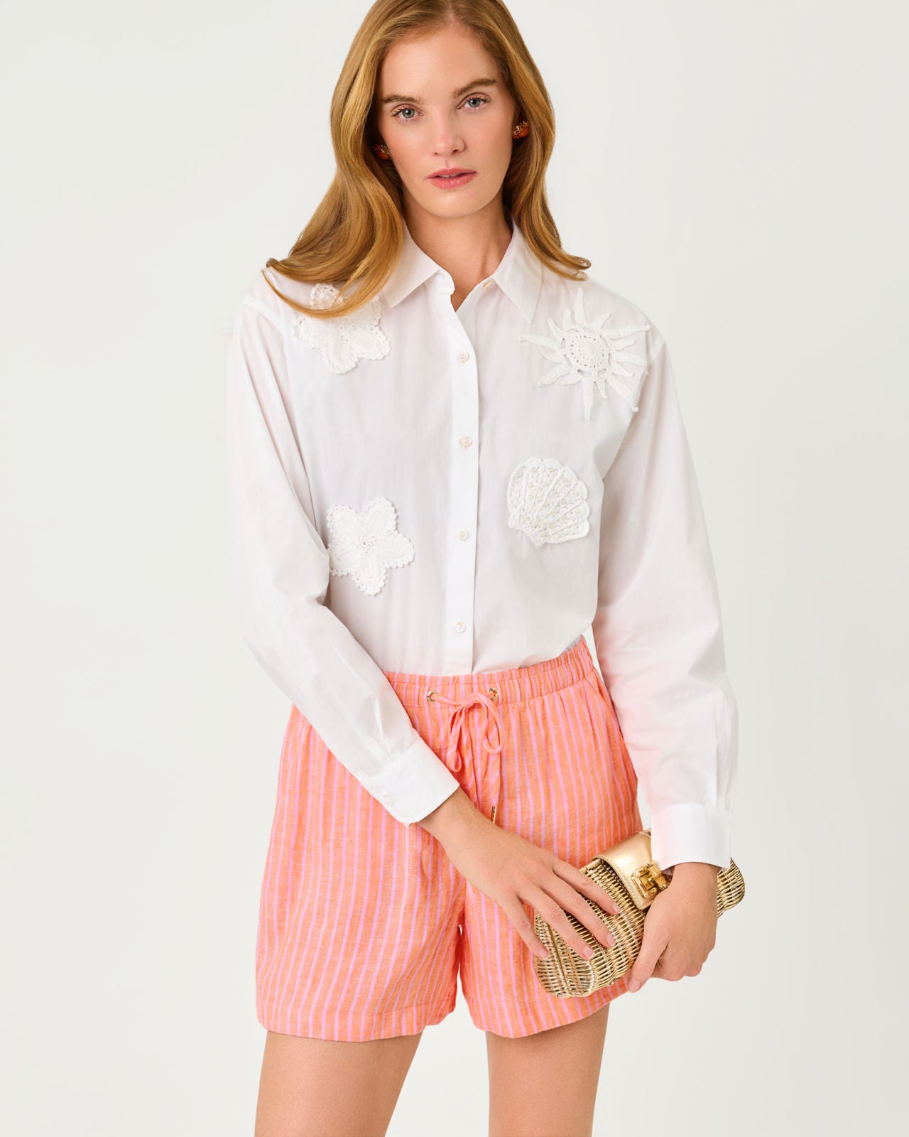 Croix Linen Short In Sunset Orange X Conch Shell Pink Stripe