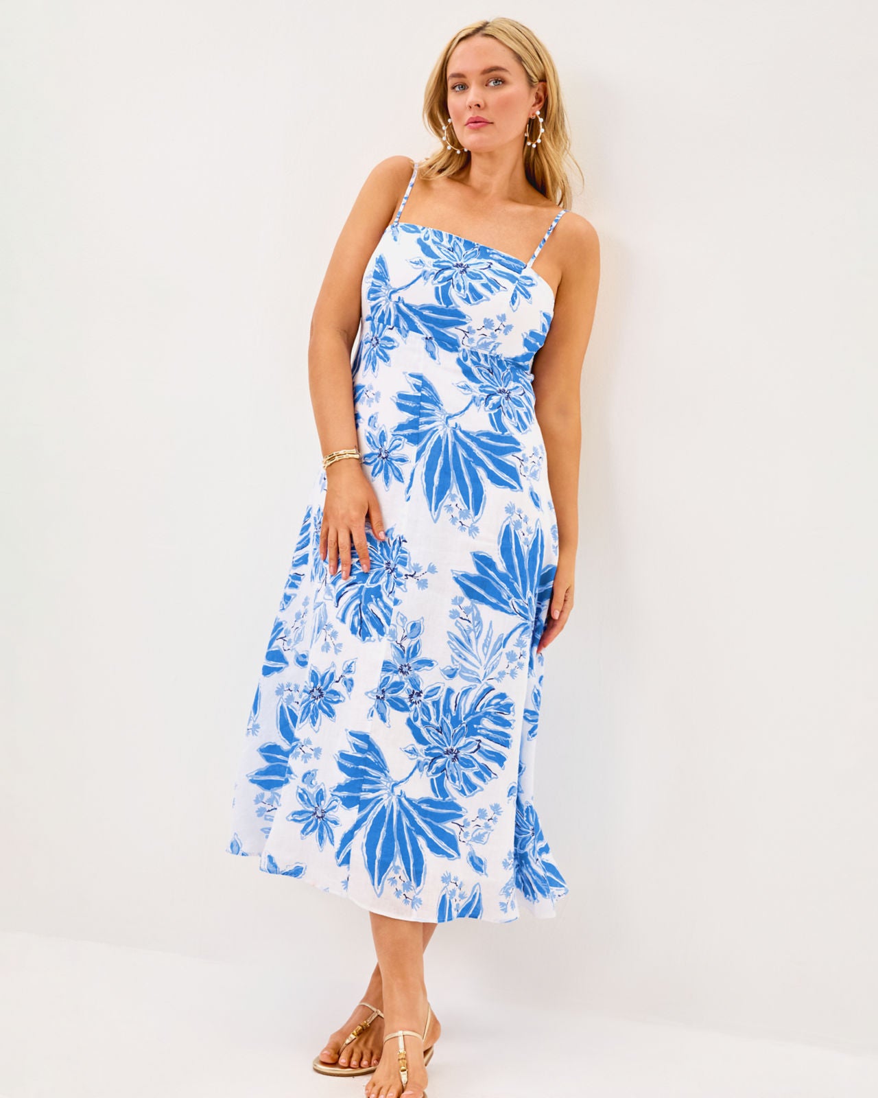 Jorgian Linen Midi Dress In Resort White Jet Set Jungle