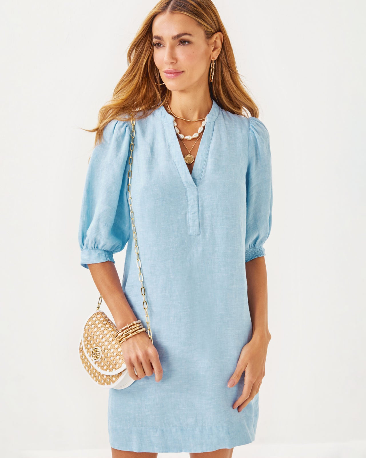 Mialeigh Elbow Sleeve Linen Dress in Blue Peri X Resort White