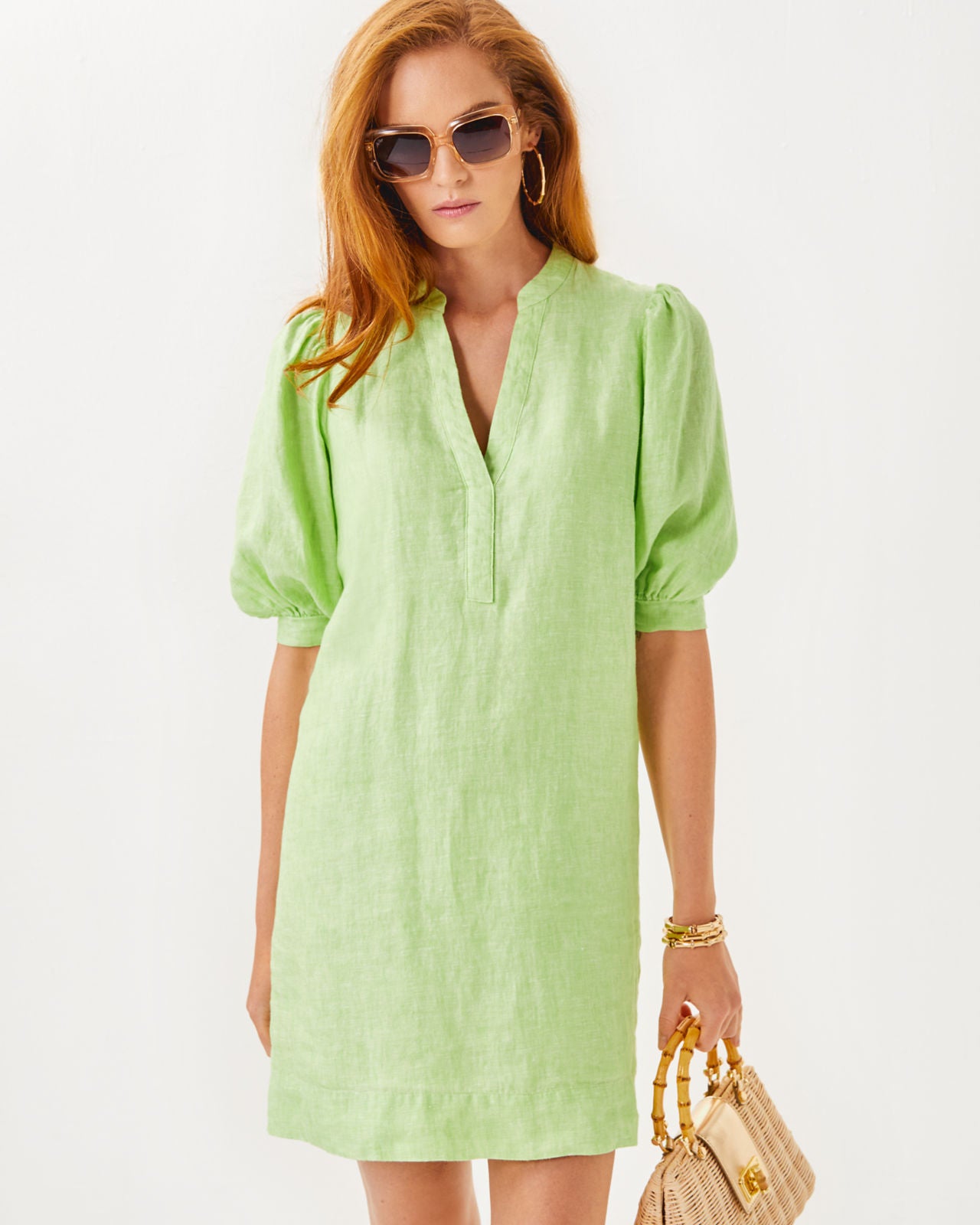 Mialeigh Elbow Sleeve Linen Dress in Jade Lime x Resort White