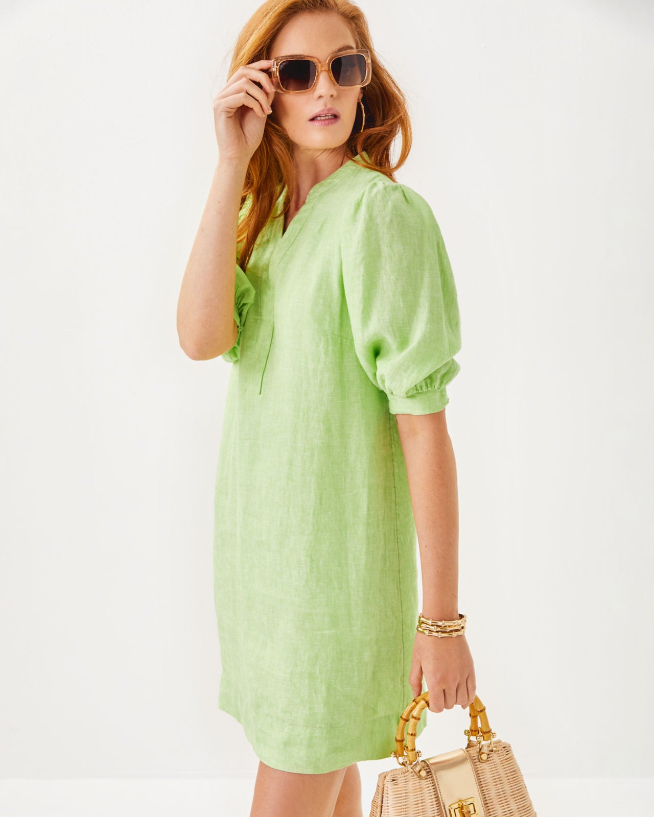 Mialeigh Elbow Sleeve Linen Dress in Jade Lime x Resort White