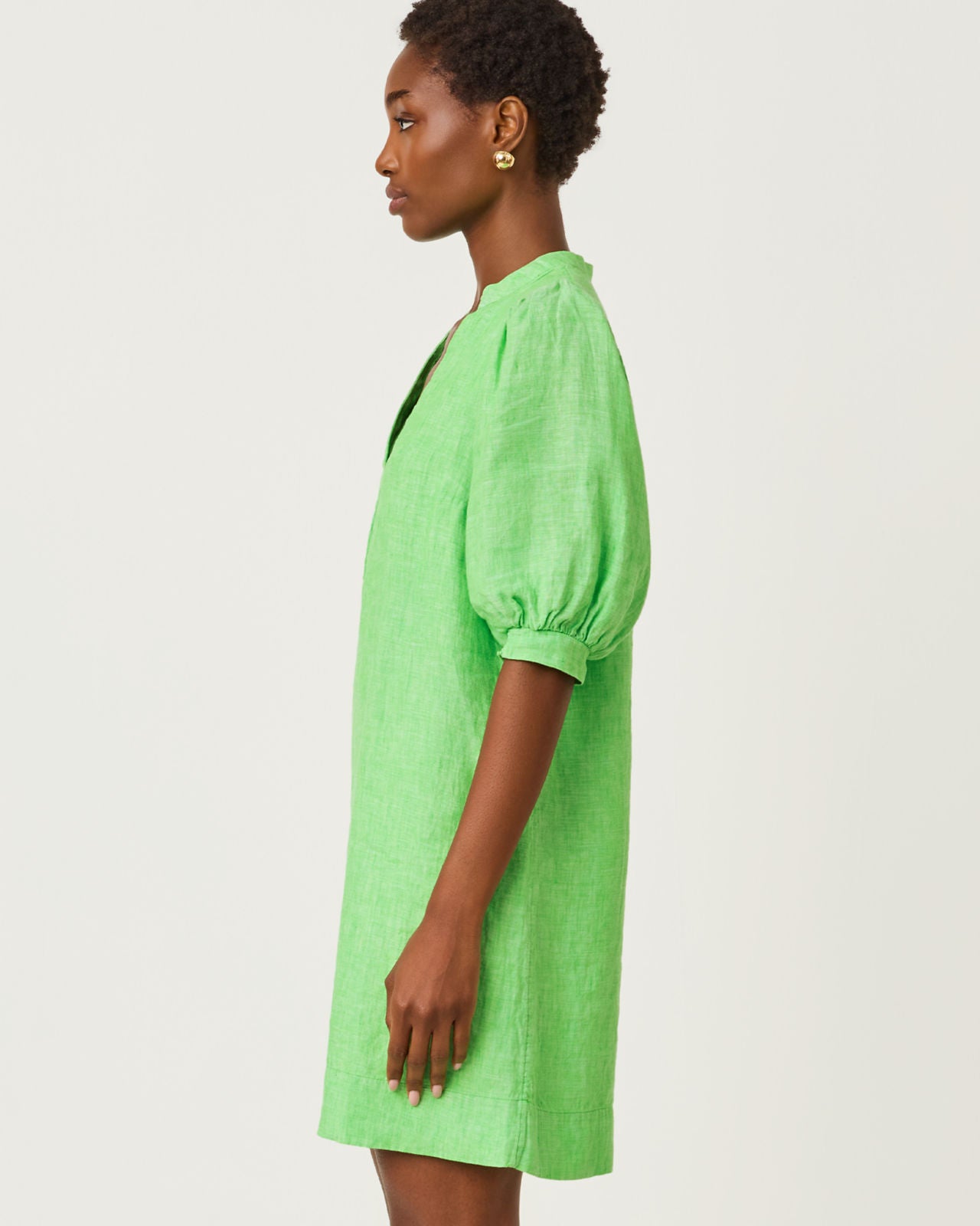 Mialeigh Elbow Sleeve Linen Dress In Putting Green X Resort White