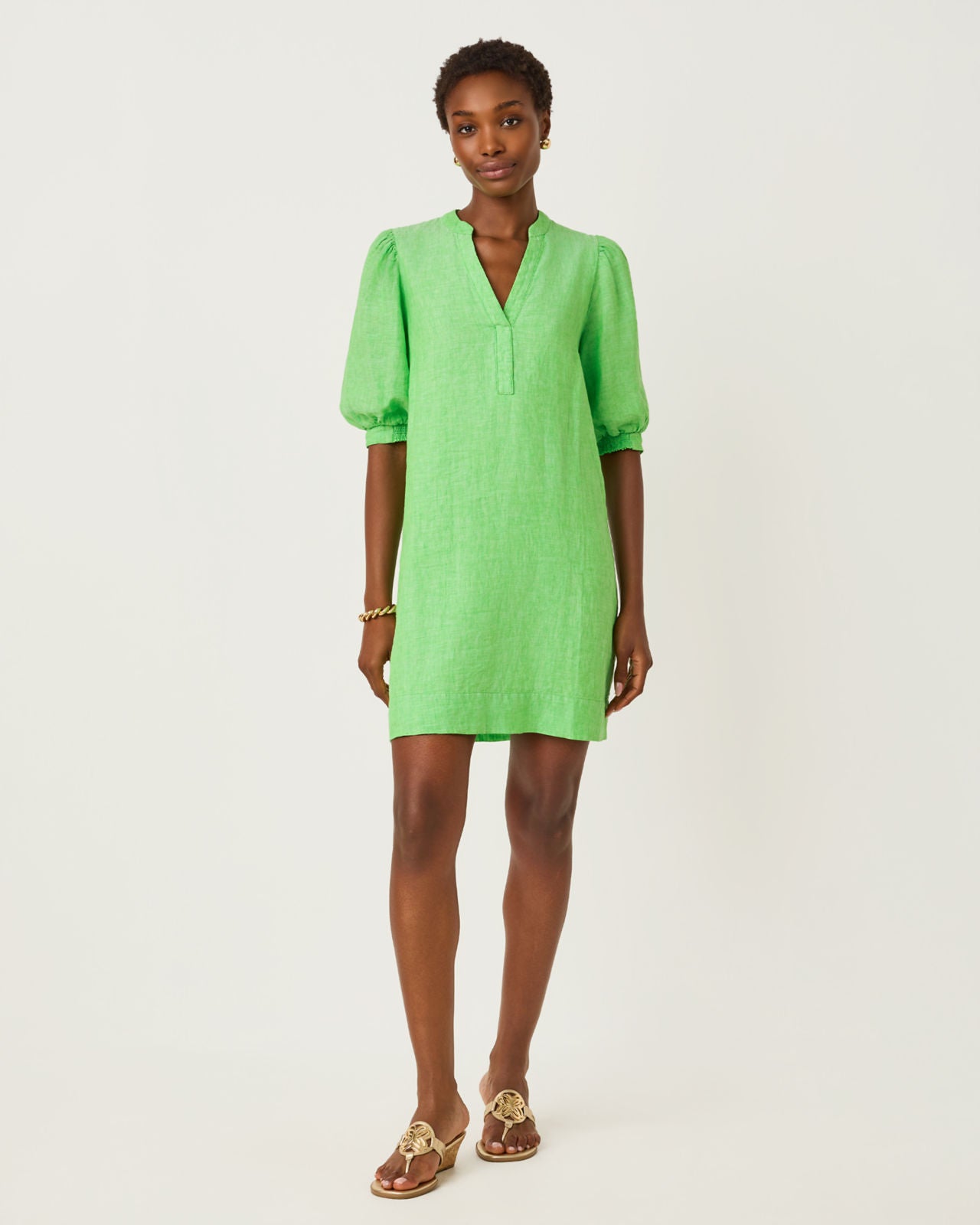Mialeigh Elbow Sleeve Linen Dress In Putting Green X Resort White
