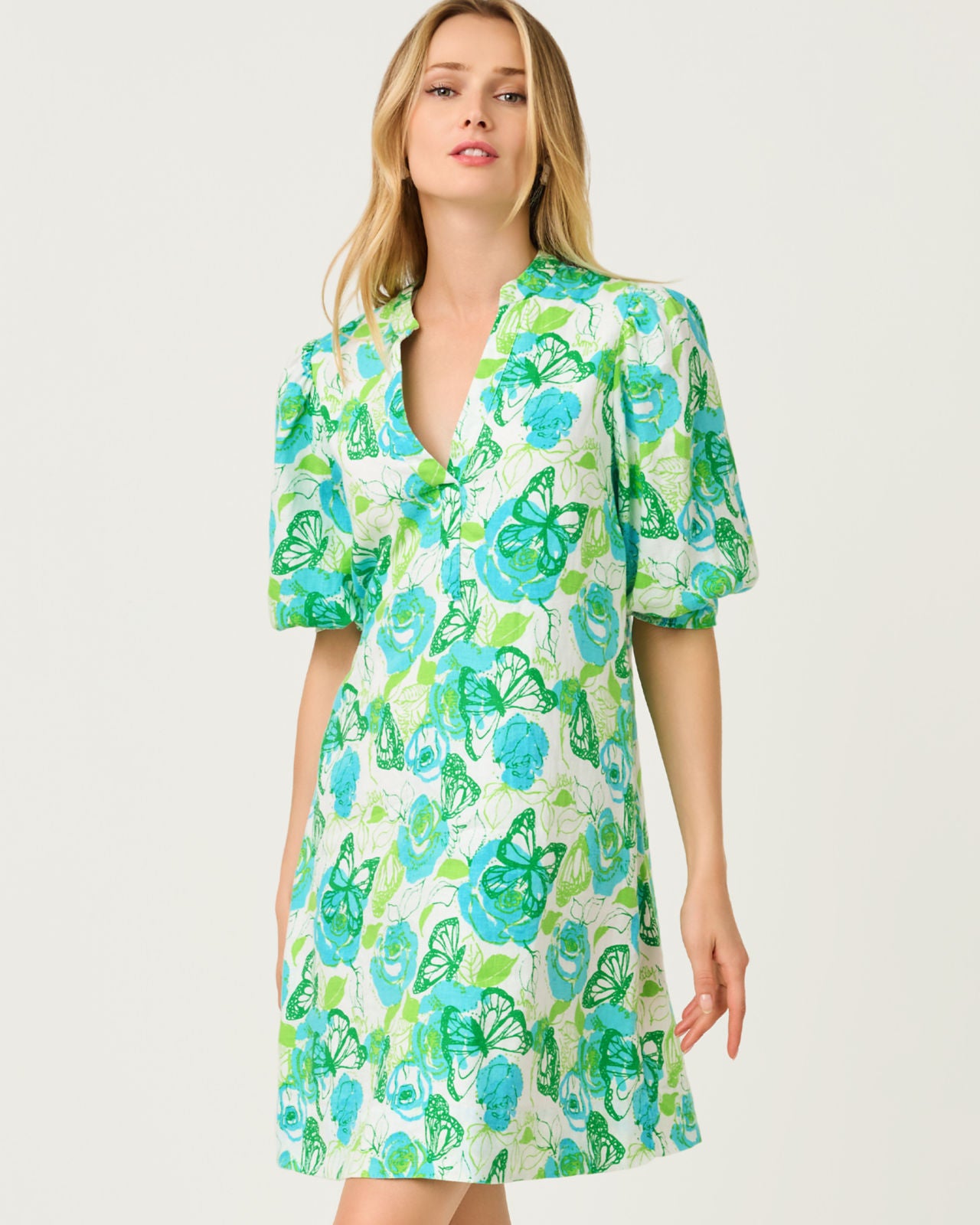 Mialeigh Elbow Sleeve Linen Dress In Resort White Monarch Rose