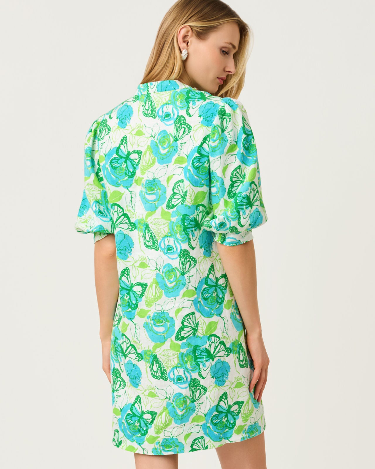 Mialeigh Elbow Sleeve Linen Dress In Resort White Monarch Rose
