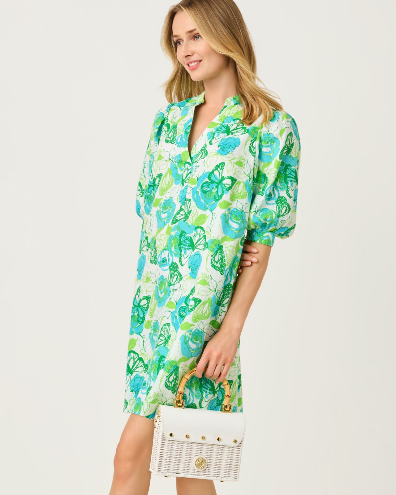 Mialeigh Elbow Sleeve Linen Dress In Resort White Monarch Rose