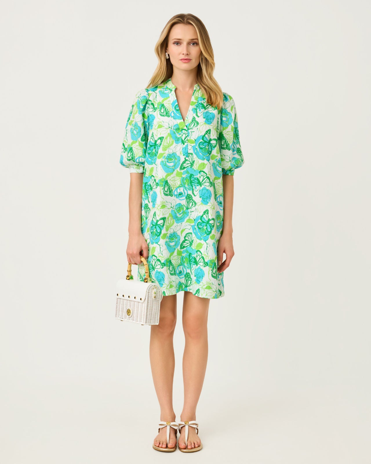 Mialeigh Elbow Sleeve Linen Dress In Resort White Monarch Rose