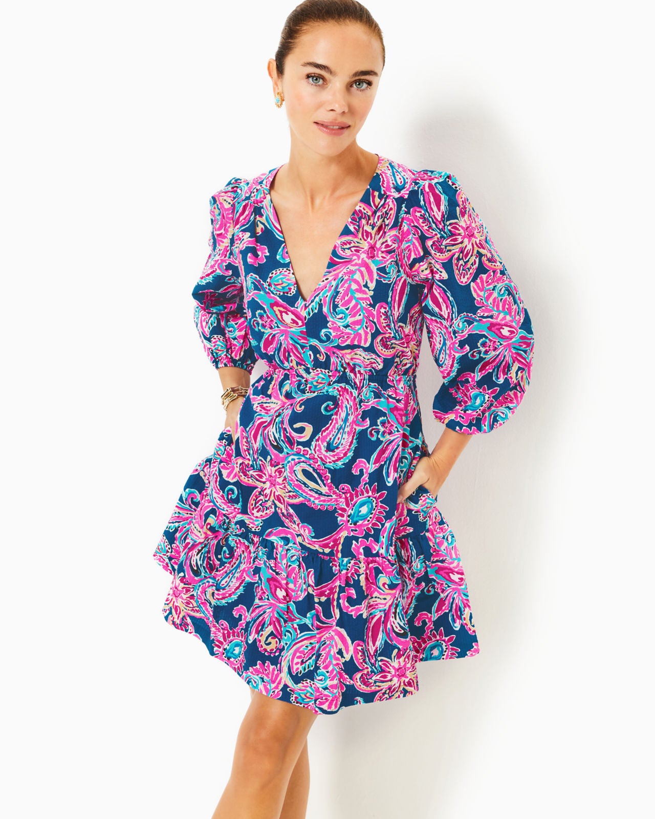 Deacon 3/4 Sleeve V-Neck Dress In Multi Flitting About