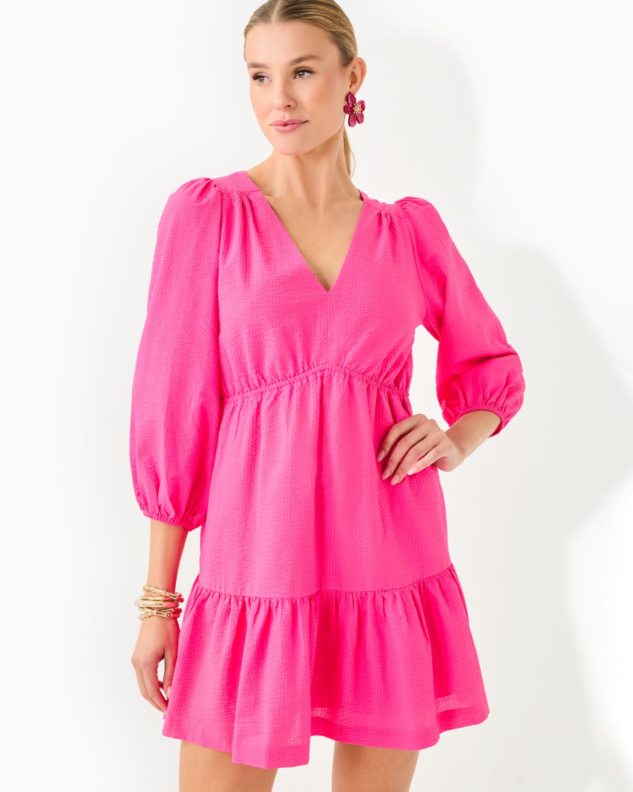 Deacon 3/4 Sleeve V-Neck Dress In Passion Fruit Pink