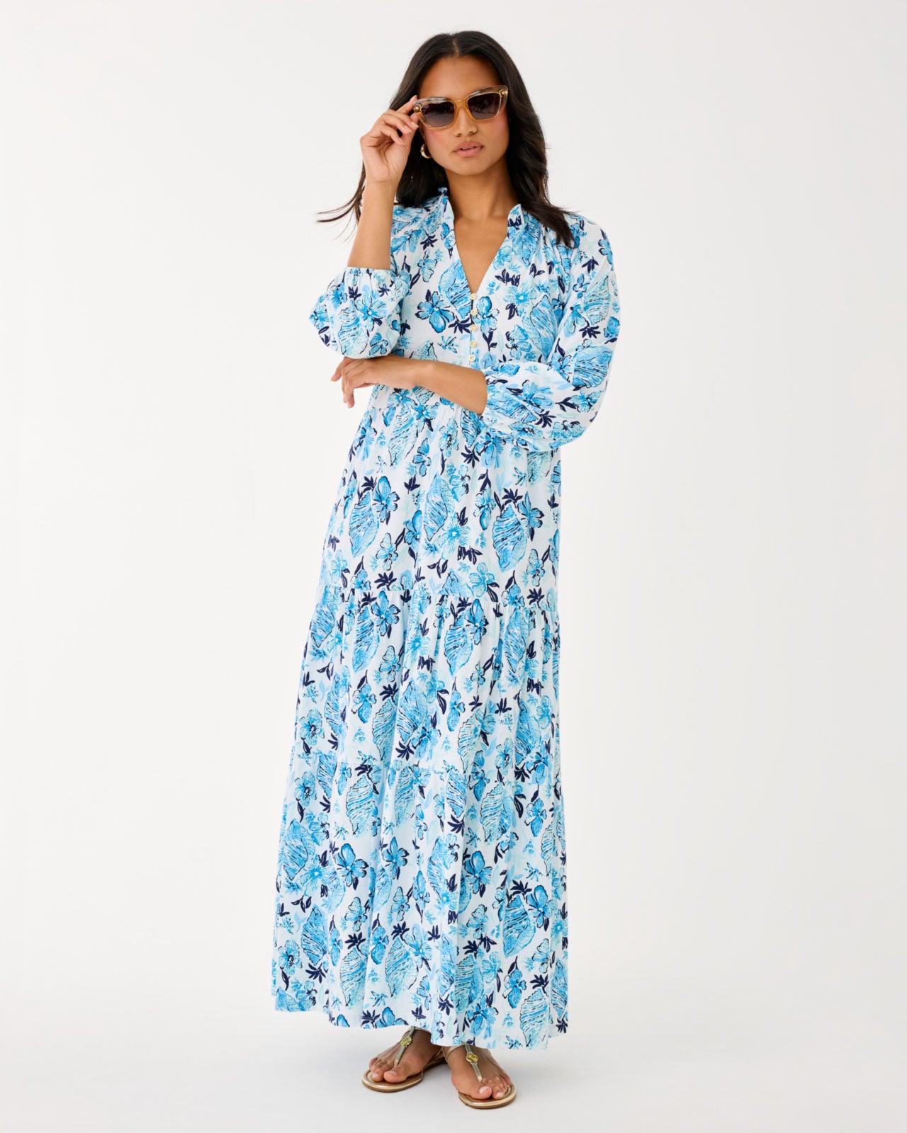 Malone 3/4 Sleeve Maxi Dress In Resort White Seashell Splendor