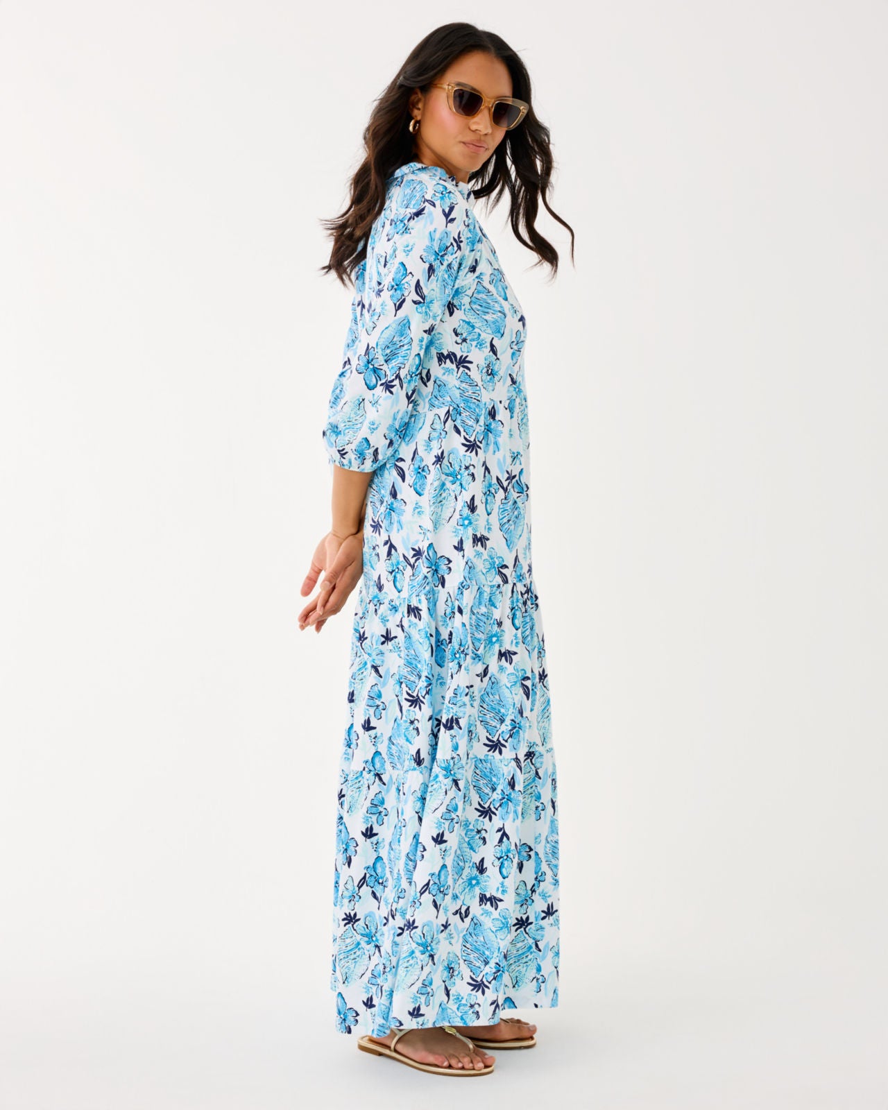 Malone 3/4 Sleeve Maxi Dress In Resort White Seashell Splendor