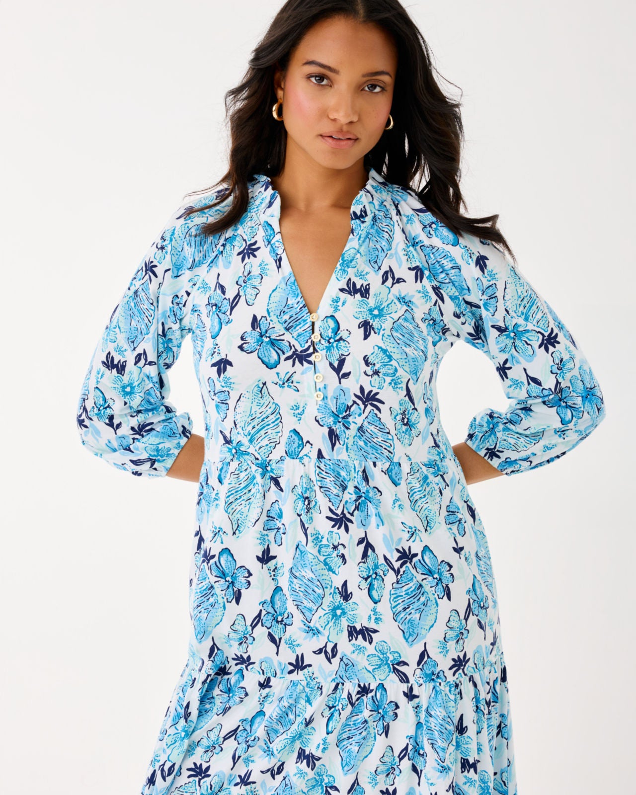 Malone 3/4 Sleeve Maxi Dress In Resort White Seashell Splendor