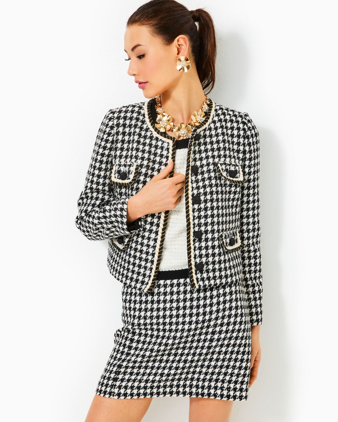 Corvina Boucle Jacket In Noir Houndstooth Sequin Boucle