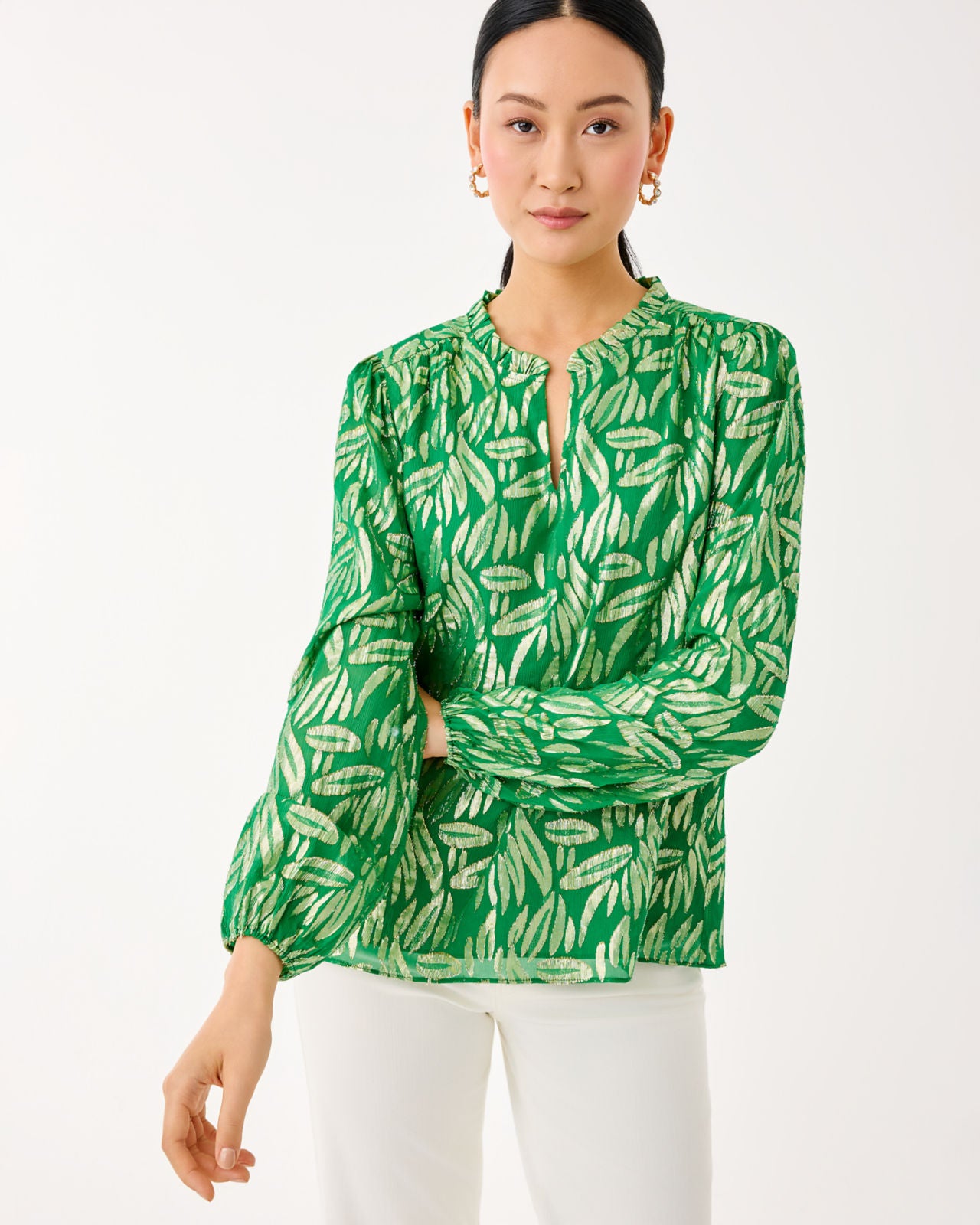 Giana Long Sleeve Silk Top In Bamboo Green Leafy Babe Metallic Silk Clip