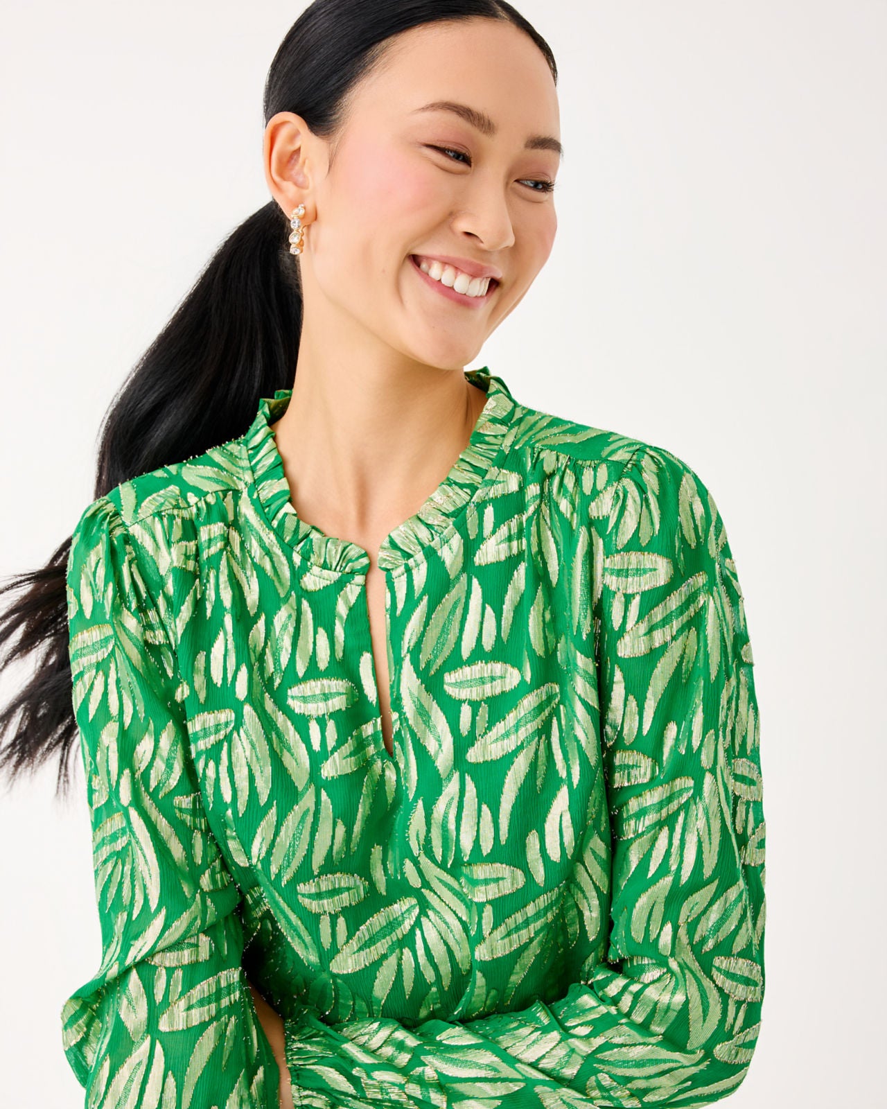 Giana Long Sleeve Silk Top In Bamboo Green Leafy Babe Metallic Silk Clip