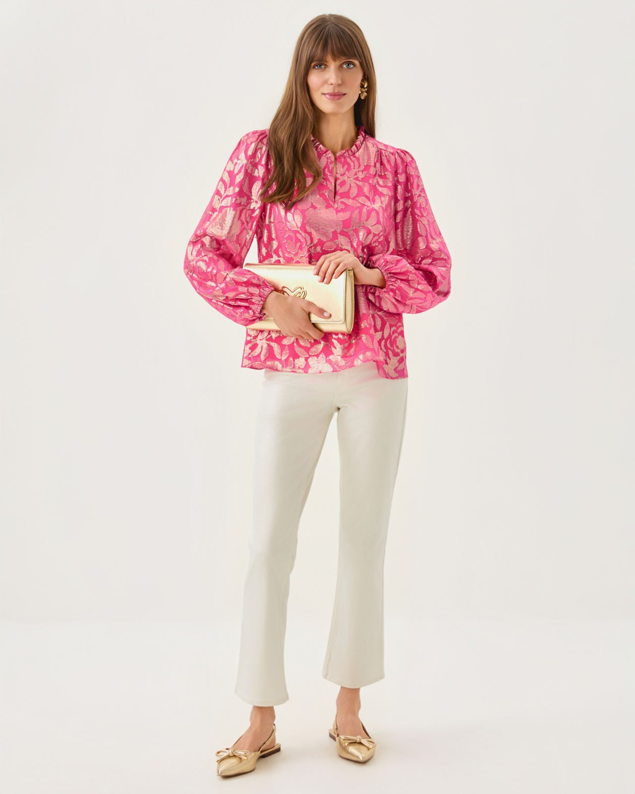 Giana Long Sleeve Silk Top In Sun Shell Pink Floral Bloom Silk Clip