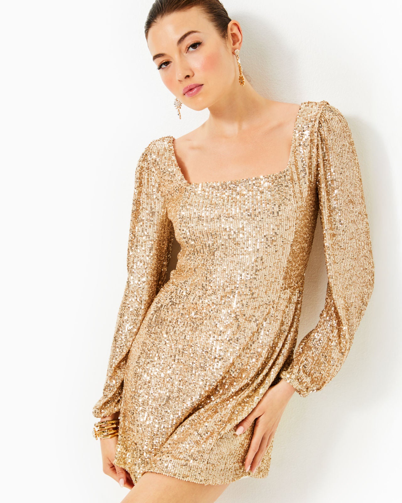 Zelda Skirted Romper In Gold Metallic Treasure Box Sequin Knit