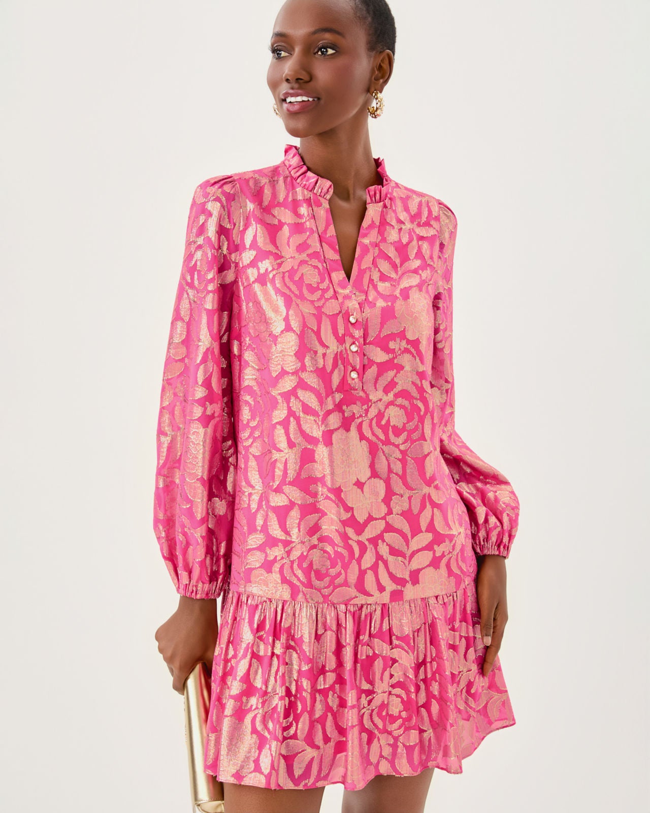 Evaline Silk Dress In Sun Shell Pink Floral Bloom Silk Clip