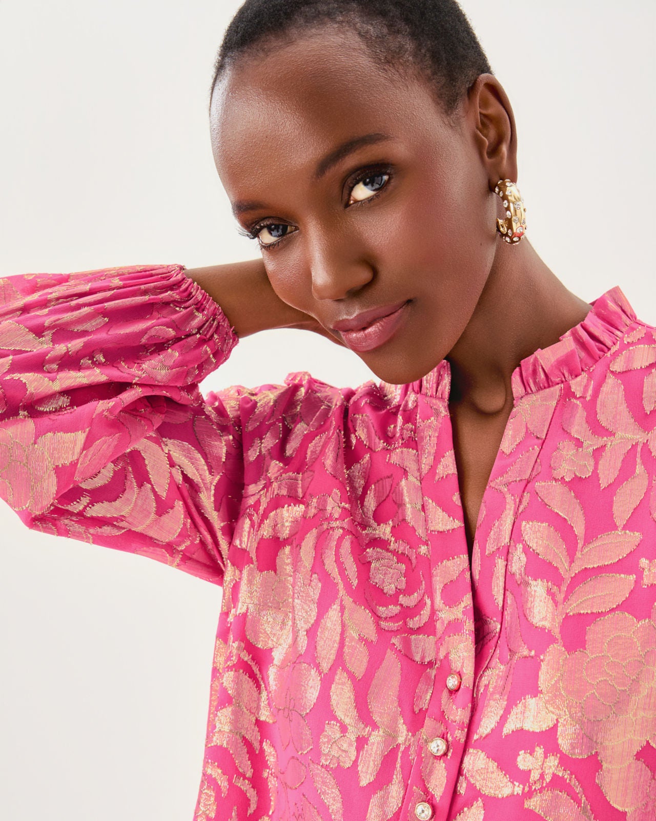 Evaline Silk Dress In Sun Shell Pink Floral Bloom Silk Clip