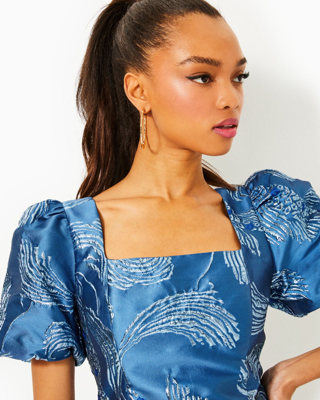 Booker Skirted Romper In Low Tide Navy Dancing Koi Metallic Jacquard