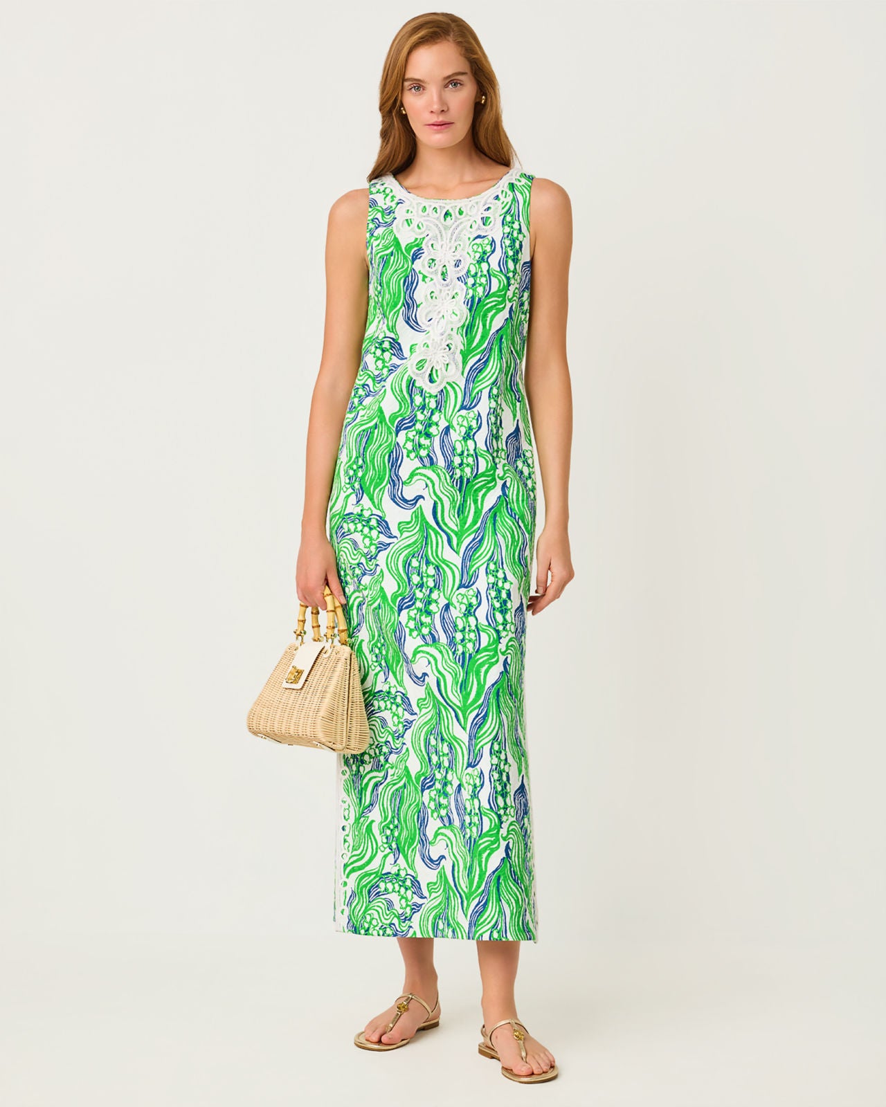 Marleigh Stretch Maxi Shift Dress In Putting Green Oversized Lilly Of The Valley