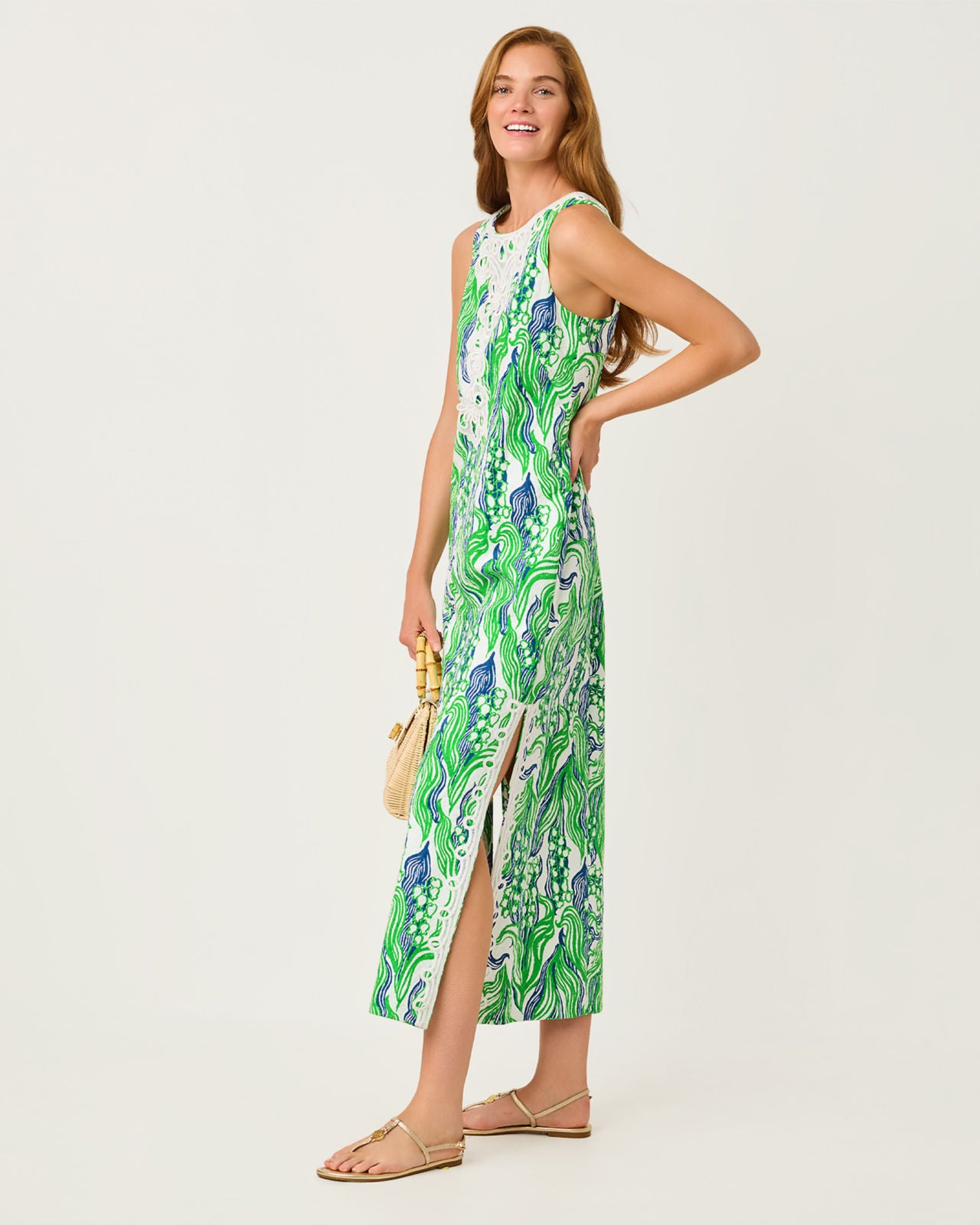 Marleigh Stretch Maxi Shift Dress In Putting Green Oversized Lilly Of The Valley