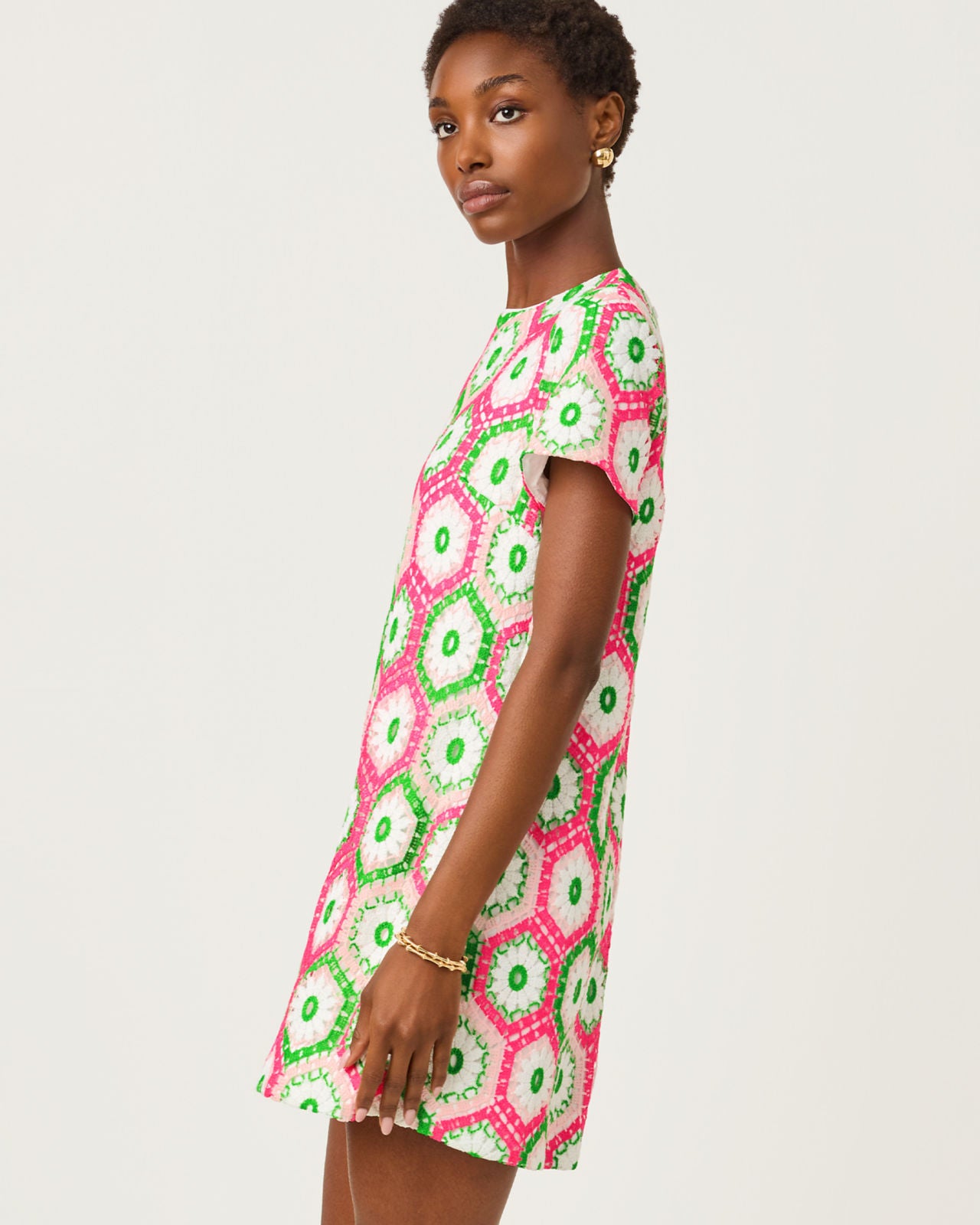 Leyla Shift Dress In Cherry Blossom Pink Daisy Hex Crochet