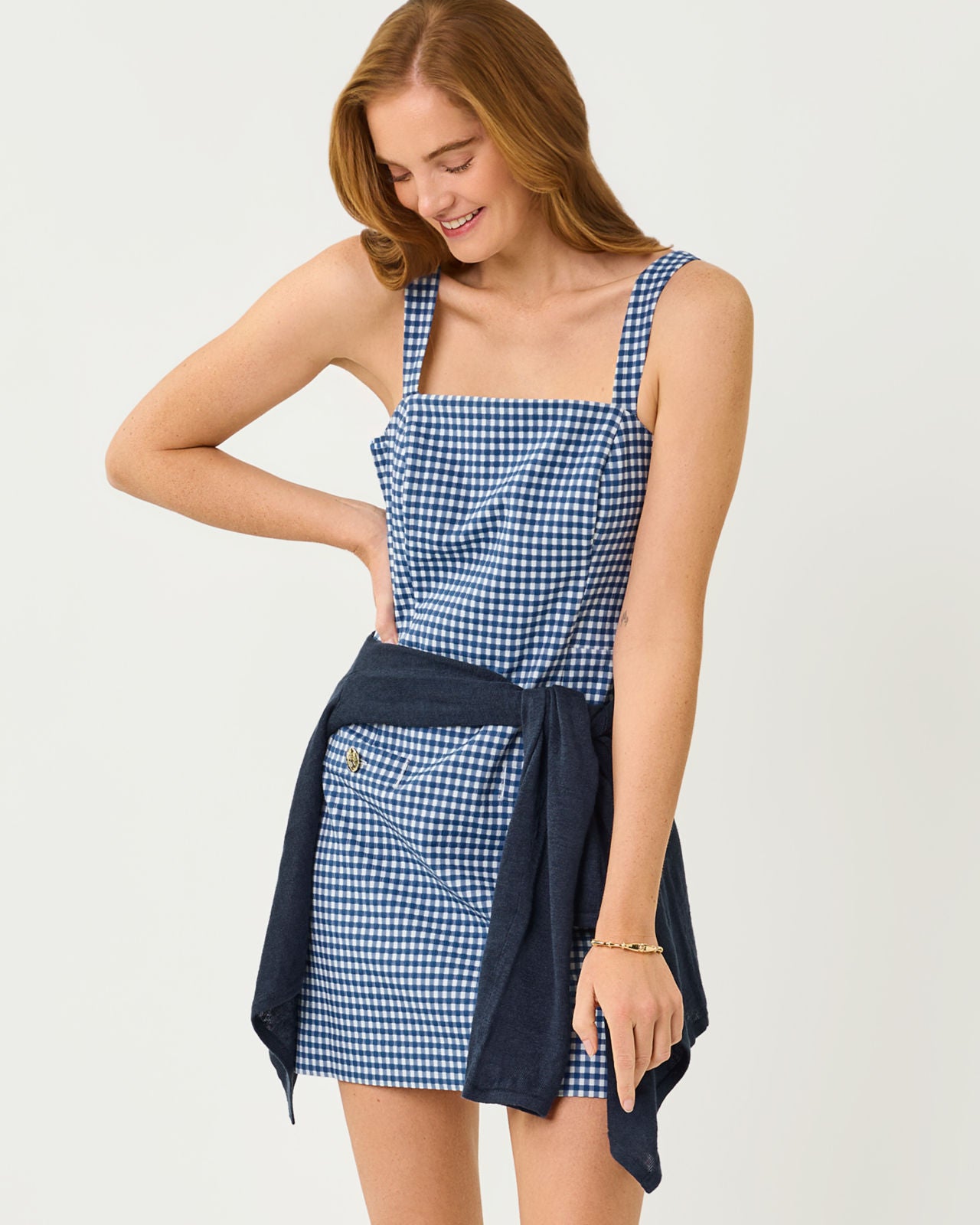 Veda Skirted Romper In Gingham Stretch Jacquard