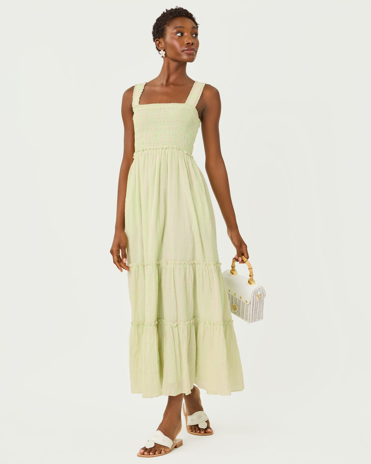 Hadly Smocked Maxi Dress In Pistachio Macaron X Conch Shell Pink
