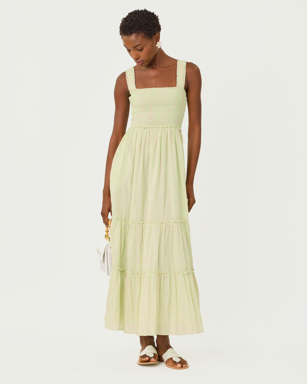 Hadly Smocked Maxi Dress In Pistachio Macaron X Conch Shell Pink