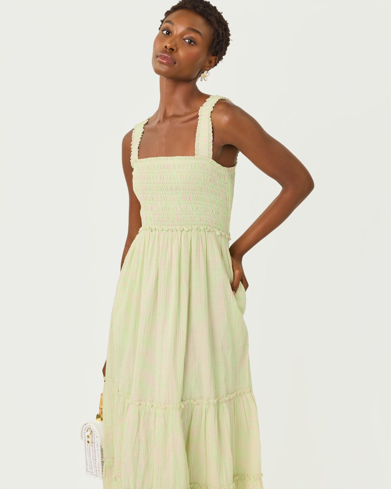 Hadly Smocked Maxi Dress In Pistachio Macaron X Conch Shell Pink