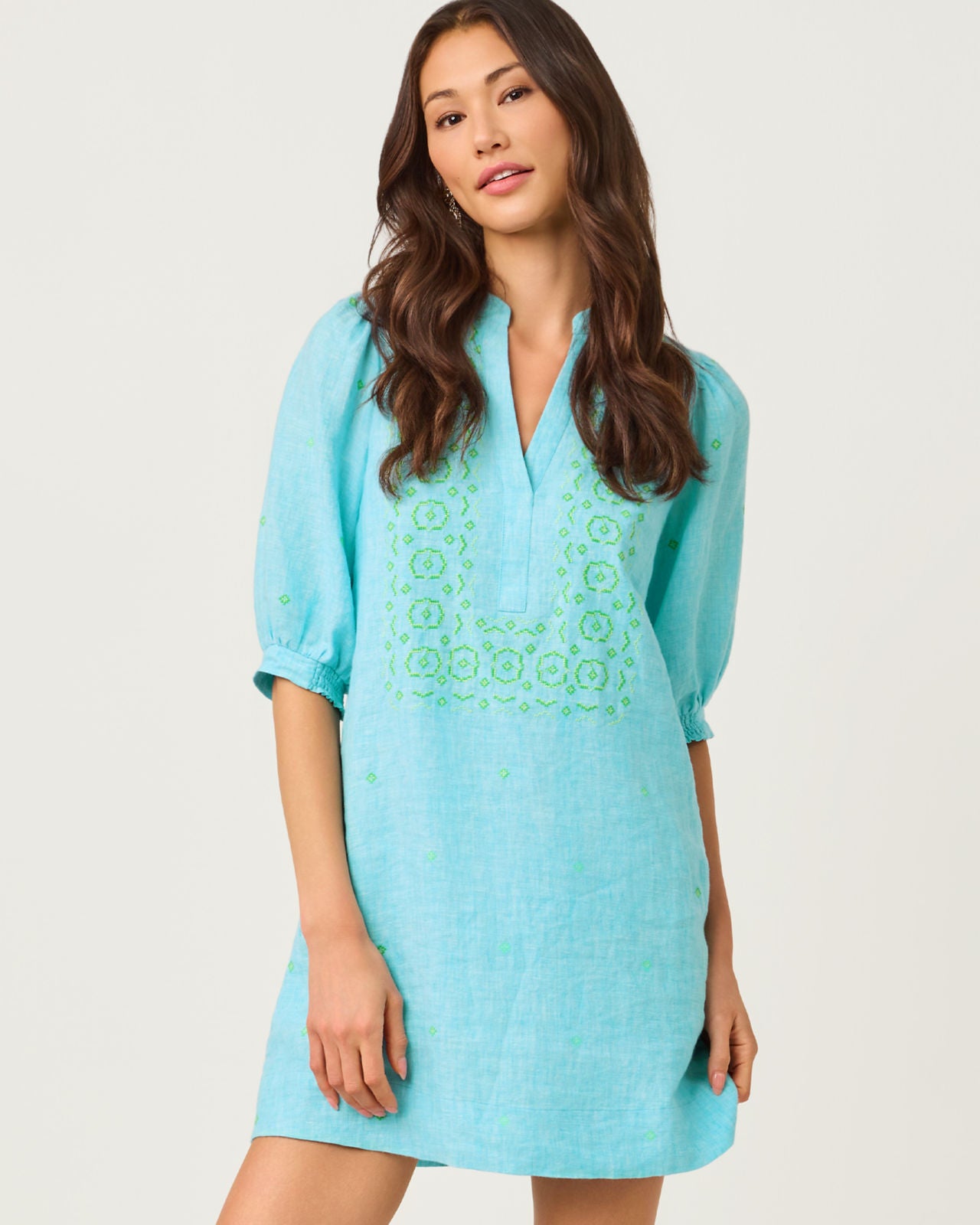 Mialeigh Elbow Sleeve Linen Dress In Capri Blue X Resort White