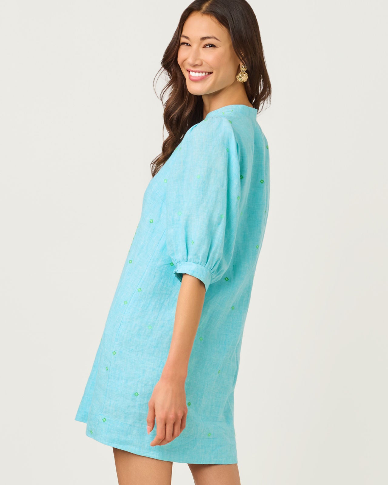 Mialeigh Elbow Sleeve Linen Dress In Capri Blue X Resort White