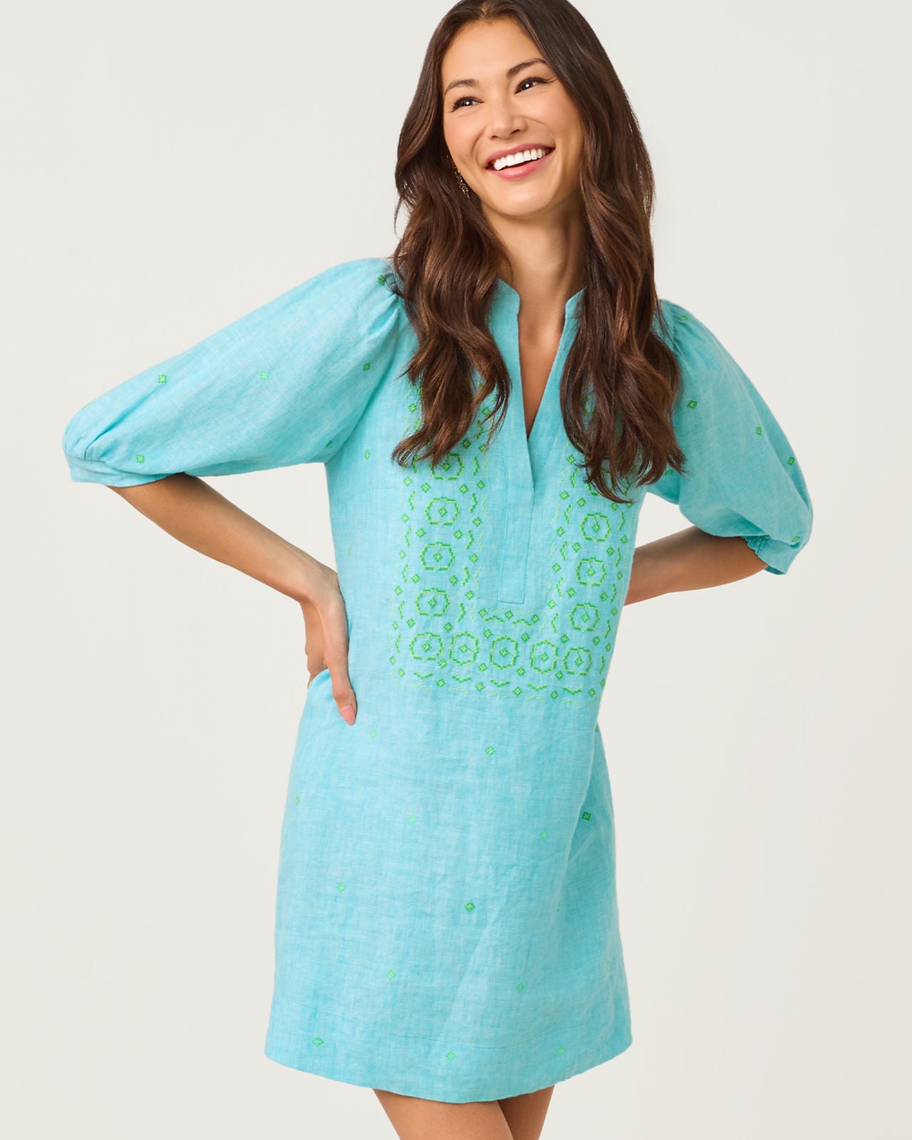 Mialeigh Elbow Sleeve Linen Dress In Capri Blue X Resort White