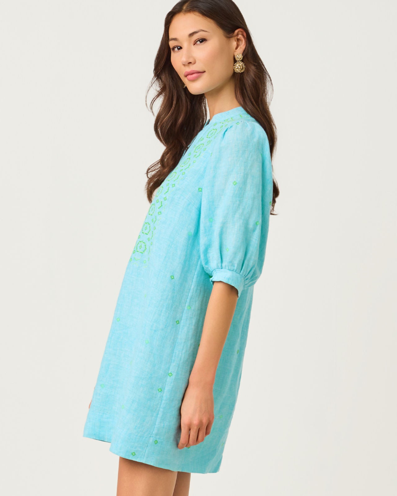 Mialeigh Elbow Sleeve Linen Dress In Capri Blue X Resort White