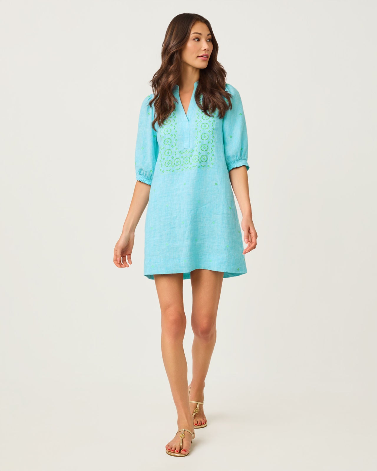Mialeigh Elbow Sleeve Linen Dress In Capri Blue X Resort White