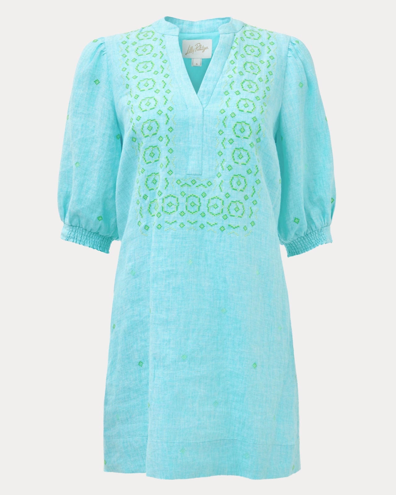 Mialeigh Elbow Sleeve Linen Dress In Capri Blue X Resort White