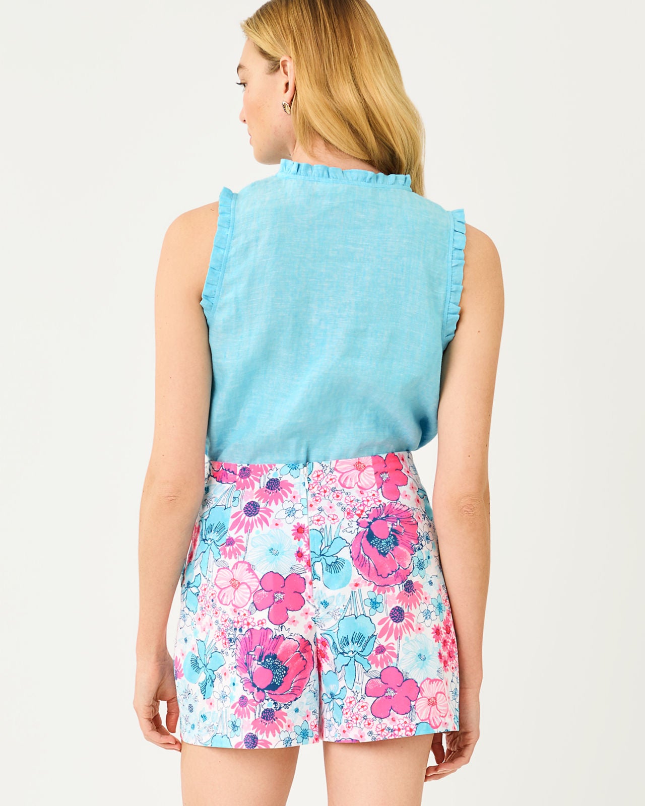 Kavalla Sleeveless Ruffle Top In Capri Blue X Resort White