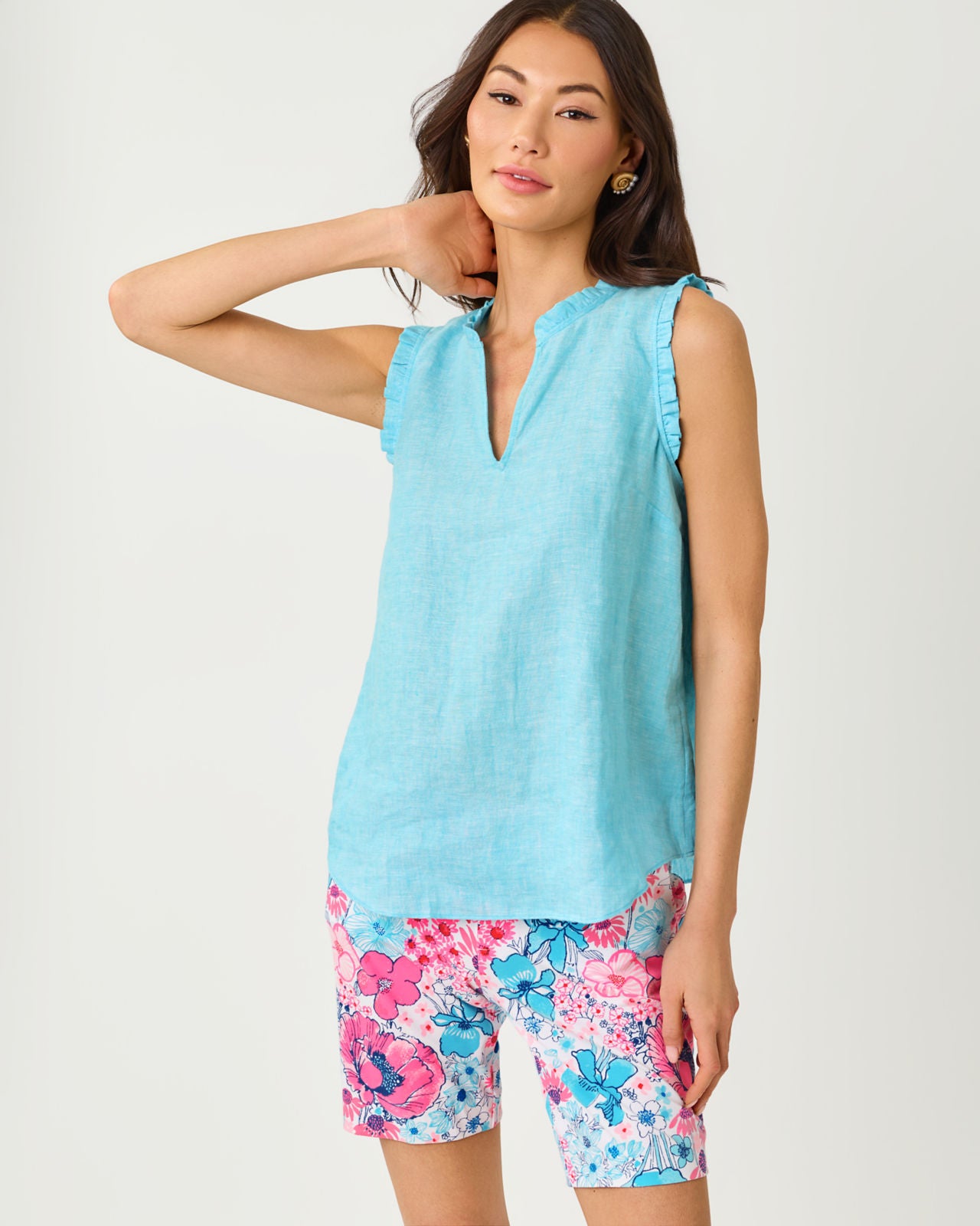 Kavalla Sleeveless Ruffle Top In Capri Blue X Resort White