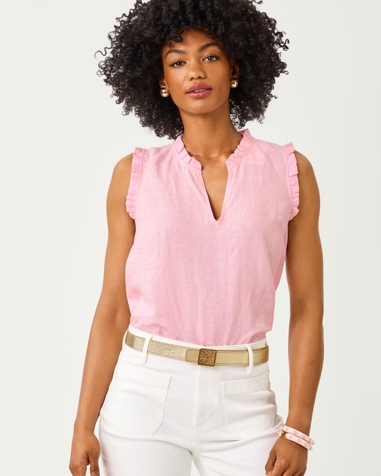 Kavalla Sleeveless Ruffle Top In Conch Shell Pink X Resort White