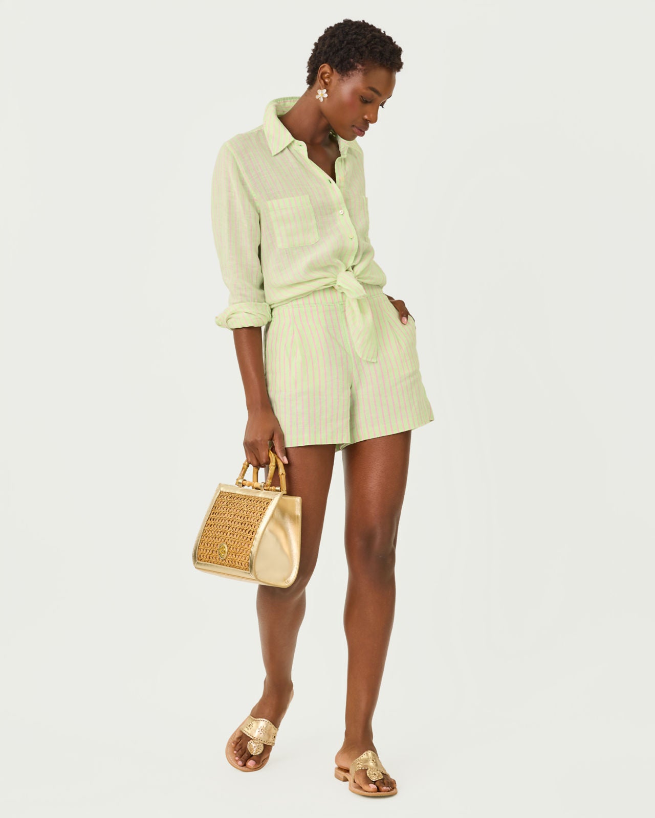 Captina Linen Short In Pistachio Macaron X Conch Shell Pink
