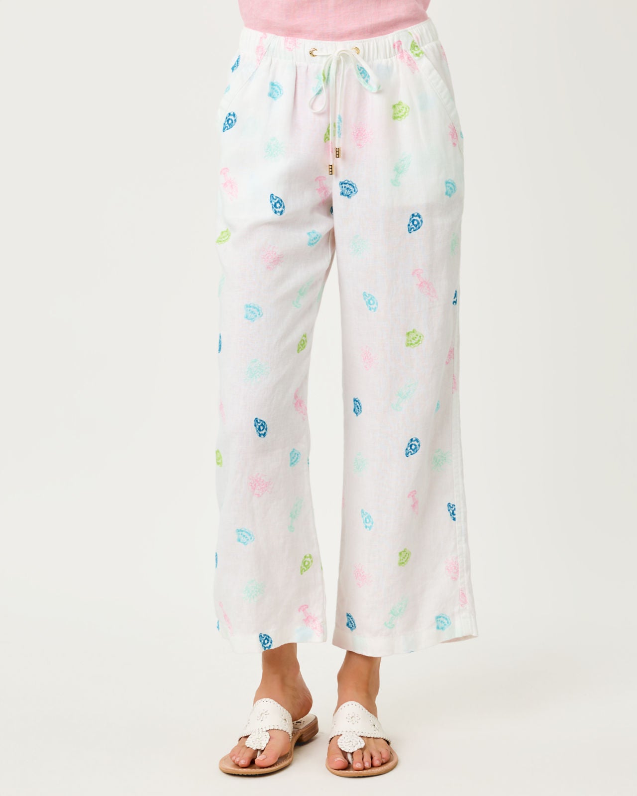 Brawley Linen Crop Pant In Beach Treasure Embroidery