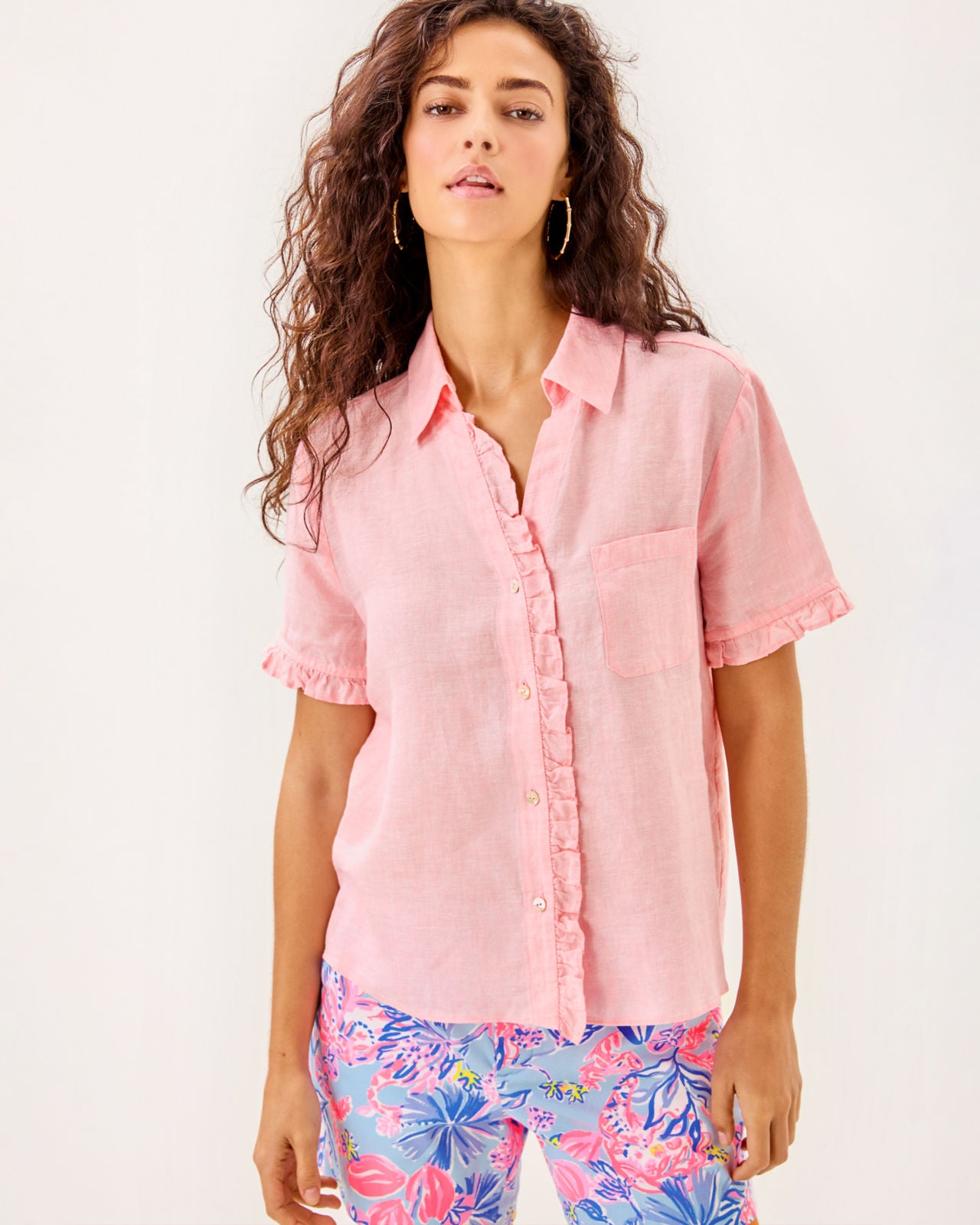 Carden Ruffle Top In Sorbet Pink X Resort White