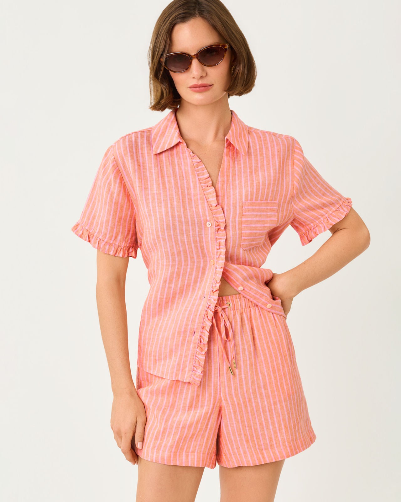 Carden Ruffle Top In Sunset Orange X Conch Shell Pink Stripe