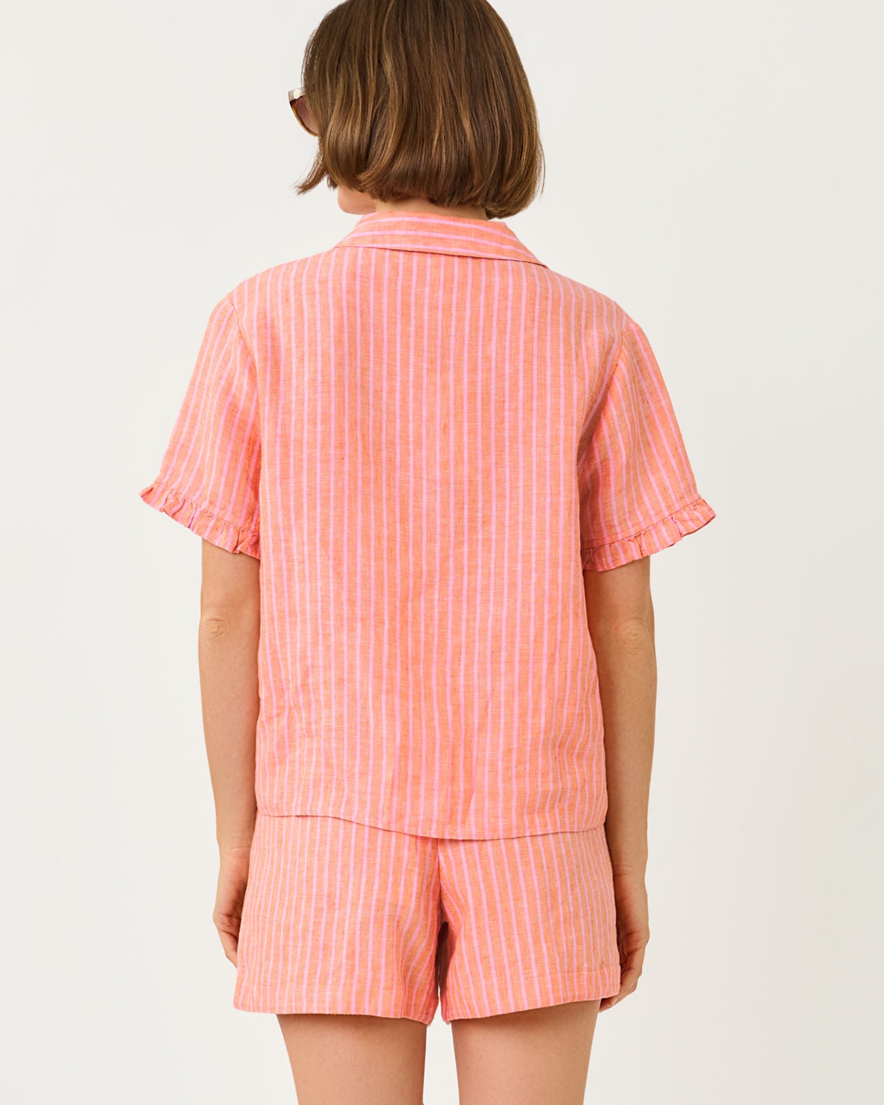 Carden Ruffle Top In Sunset Orange X Conch Shell Pink Stripe