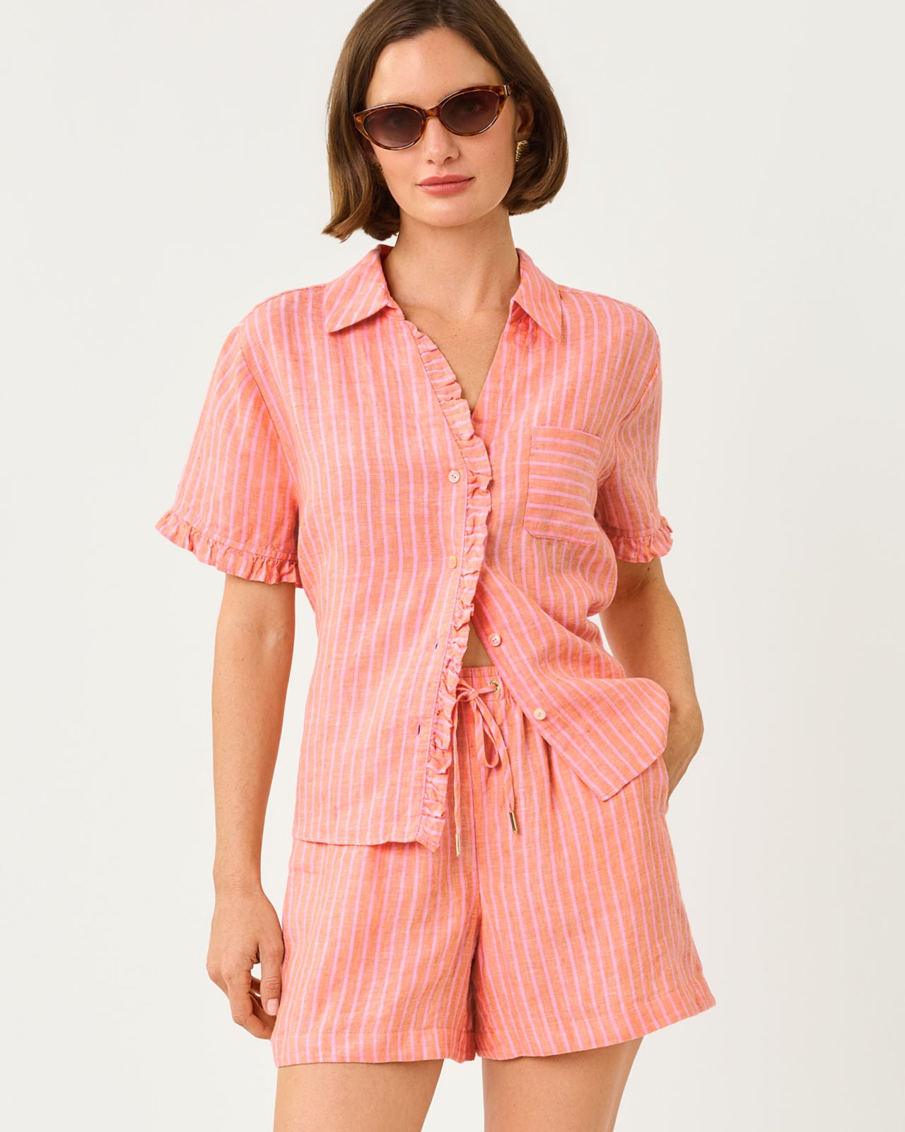 Carden Ruffle Top In Sunset Orange X Conch Shell Pink Stripe